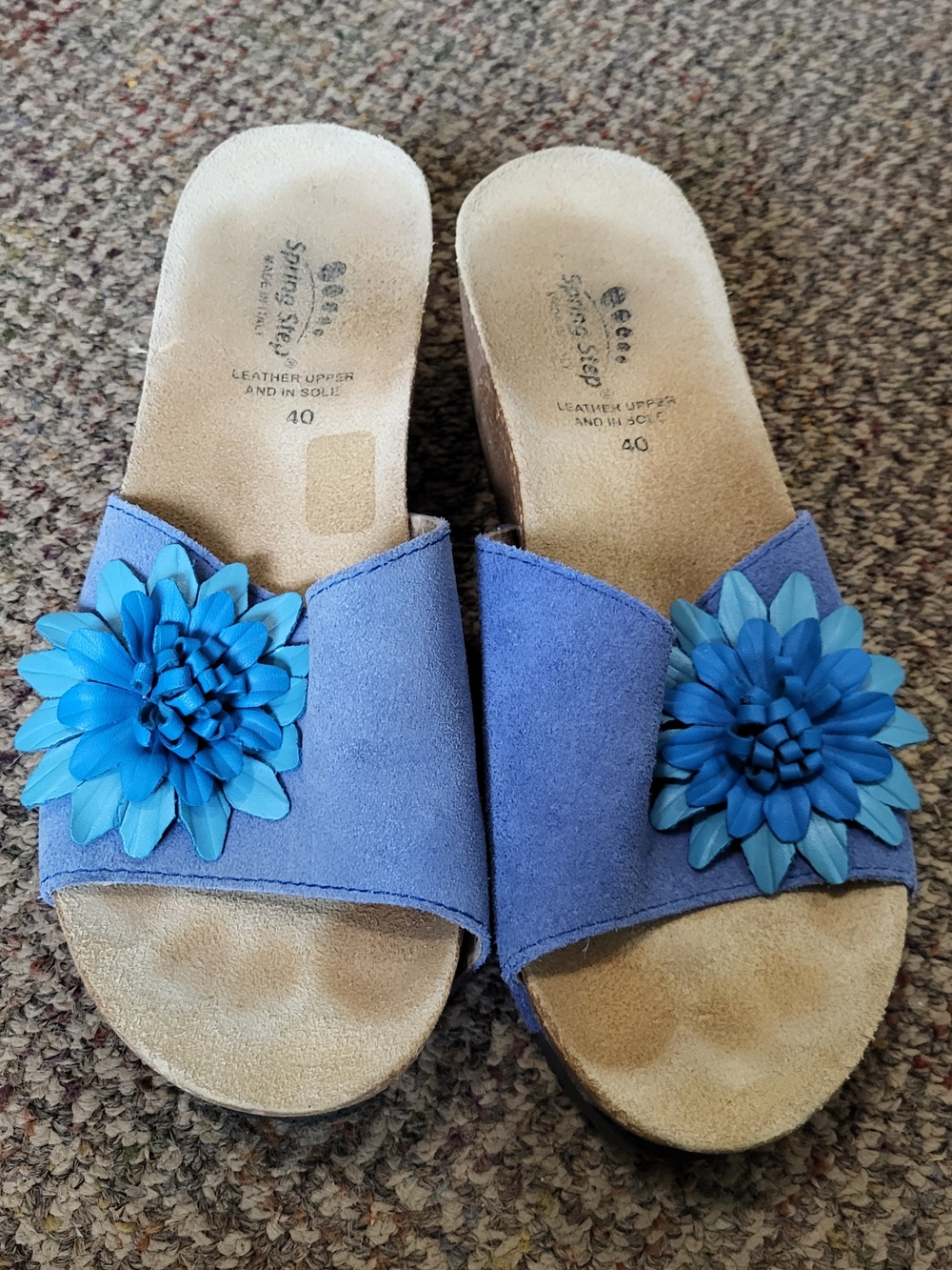 Spring Step Blue Suede Slide Mules with Blue Floral Accents
